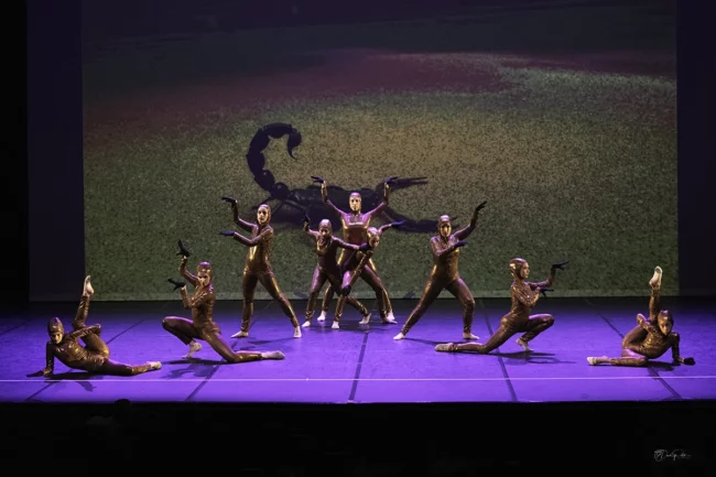 Groupe modern jazz costumes brillants élégance et fluidité dans une pose synchronisée