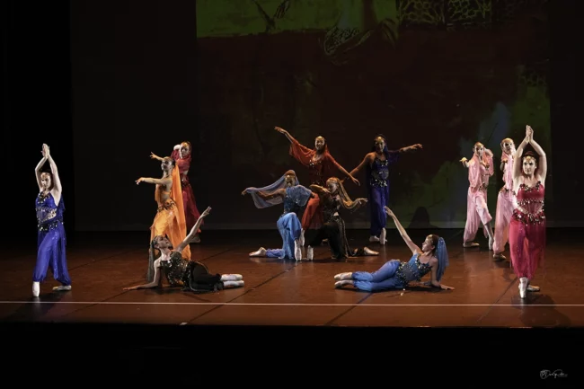 Autre groupe de danseuses orientales en costumes vibrants lors du gala