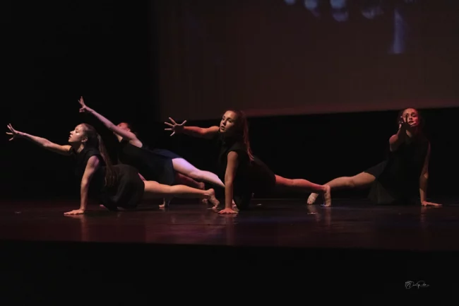 Groupe de danse contemporaine exprimant des émotions avec des figures au sol