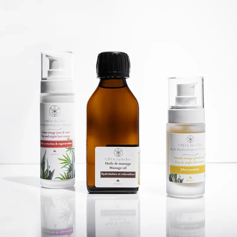 Packshot cosmétiques CBD sur fond blanc, trois flacons – photographe de produit e commerce Villeneuve Loubet