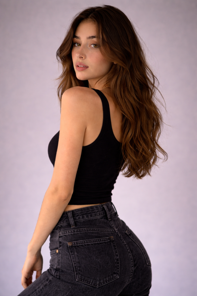 pose mannequin regard par-dessus l’épaule lors d’un shooting mannequin pour book mannequin