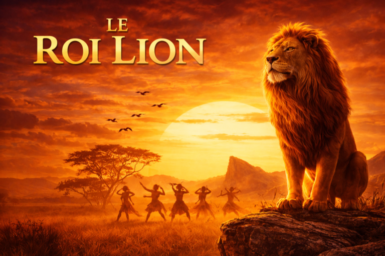 Gala de danse Le Roi Lion par FM Dance School à Nice, photographié par David Polet, avec danseurs en scène et lion majestueux au coucher de soleil