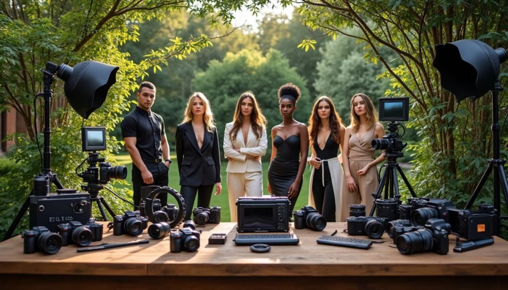 Photographe professionnel à Villeneuve-Loubet avec matériel photo et modèles lors d’un shooting en extérieur