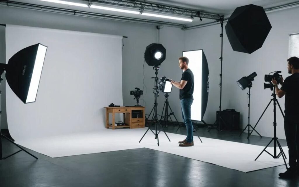 Studio photo professionnel avec éclairage utilisé par un photographe à Villeneuve-Loubet