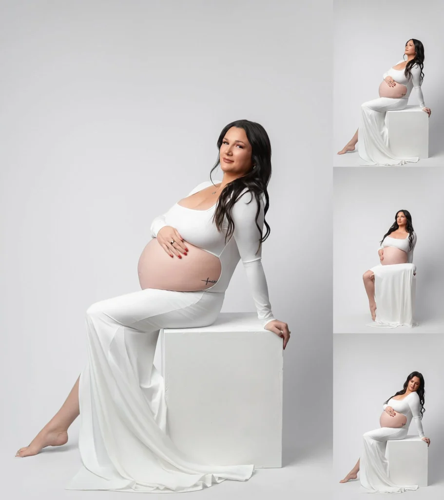 shooting grossesse studio nice femme enceinte robe blanche élégante pose