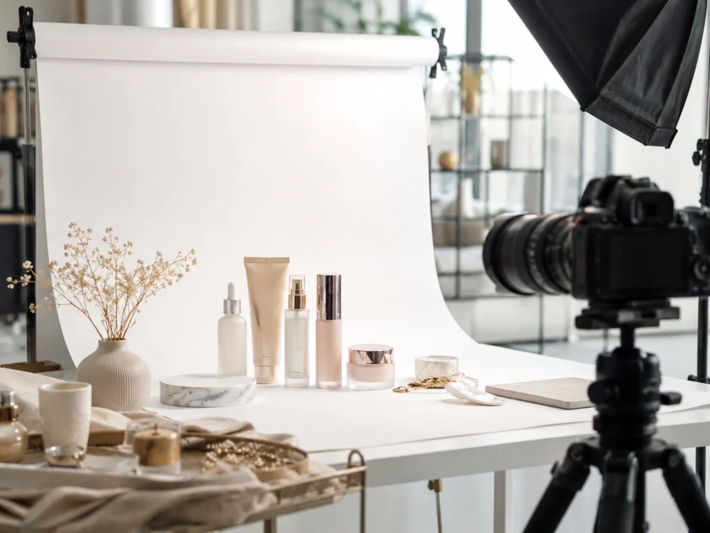 Devis photo produit Nice avec préparation d’un shooting cosmétique en studio