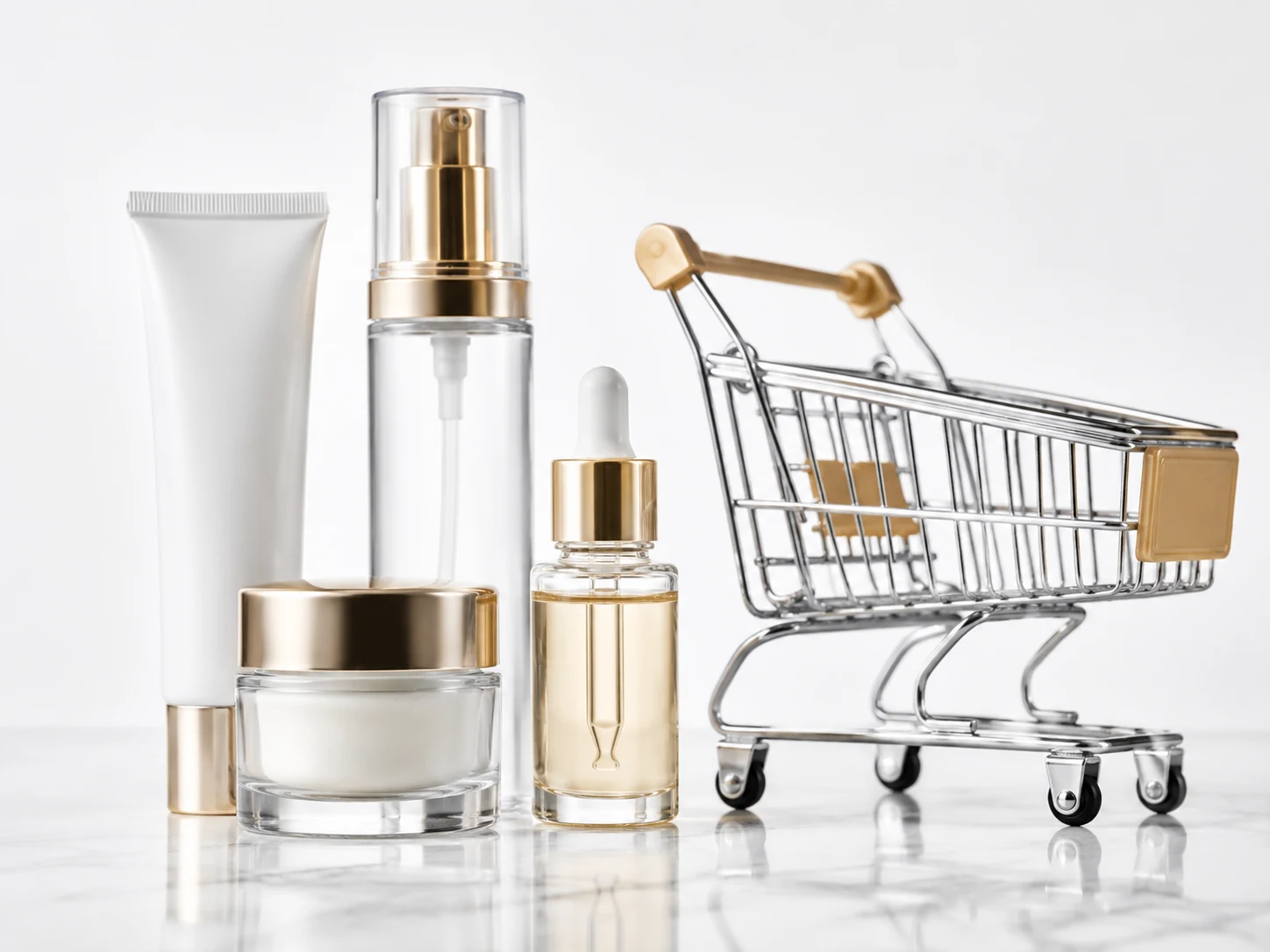 Photo e-commerce Nice avec cosmétiques et panier d’achat sur fond blanc