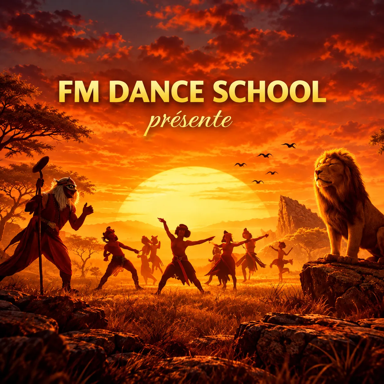Affiche d’un spectacle de danse présenté par FM Dance School dans un univers inspiré de la savane.