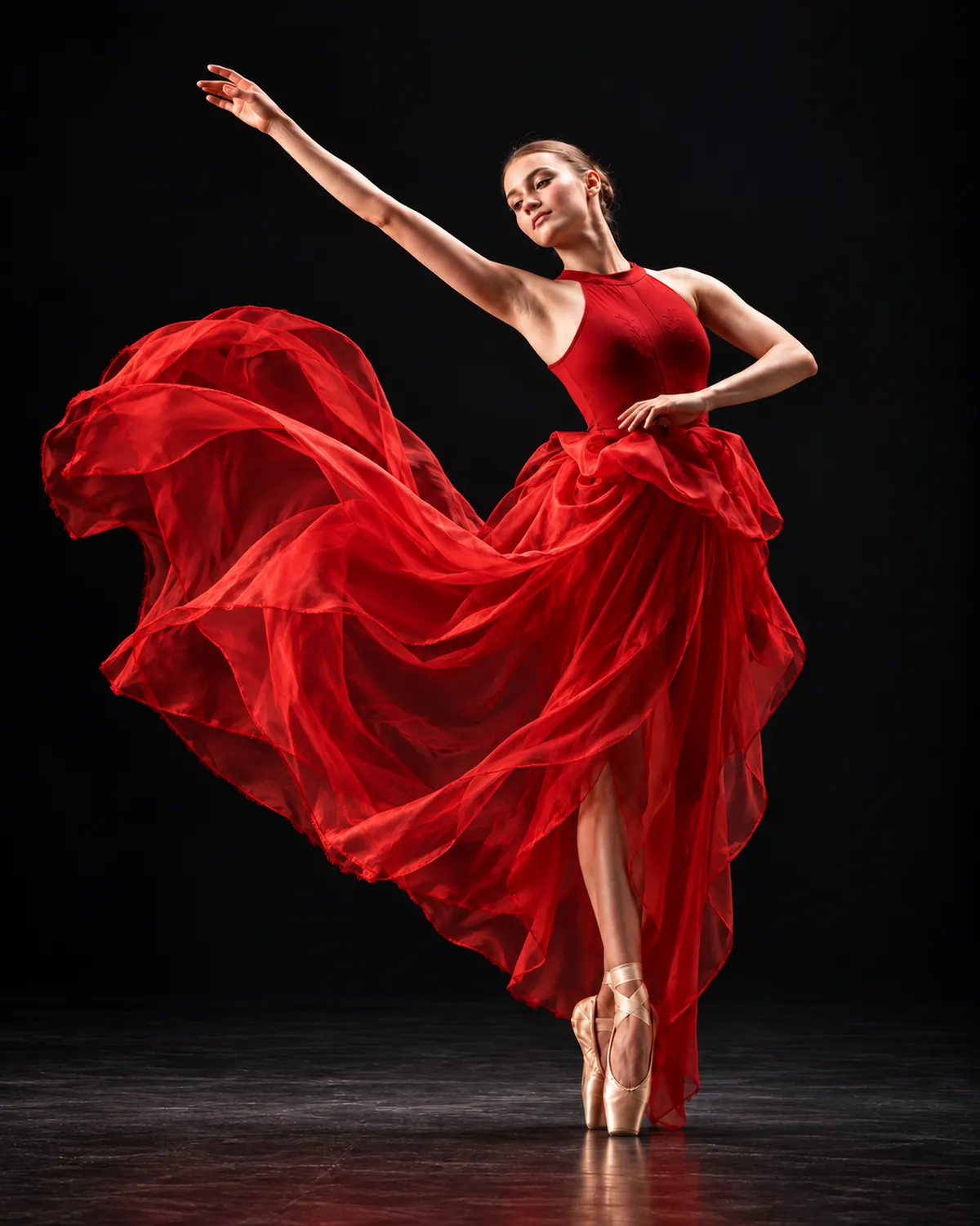 Danseuse en robe rouge lors d’un shooting photo danse en studio sur la Côte d’Azur