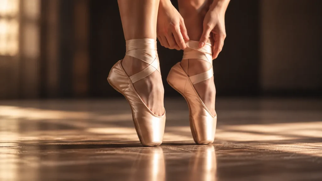 Gros plan sur les pointes d’une danseuse pendant un shooting photo de danse à Villeneuve-Loubet