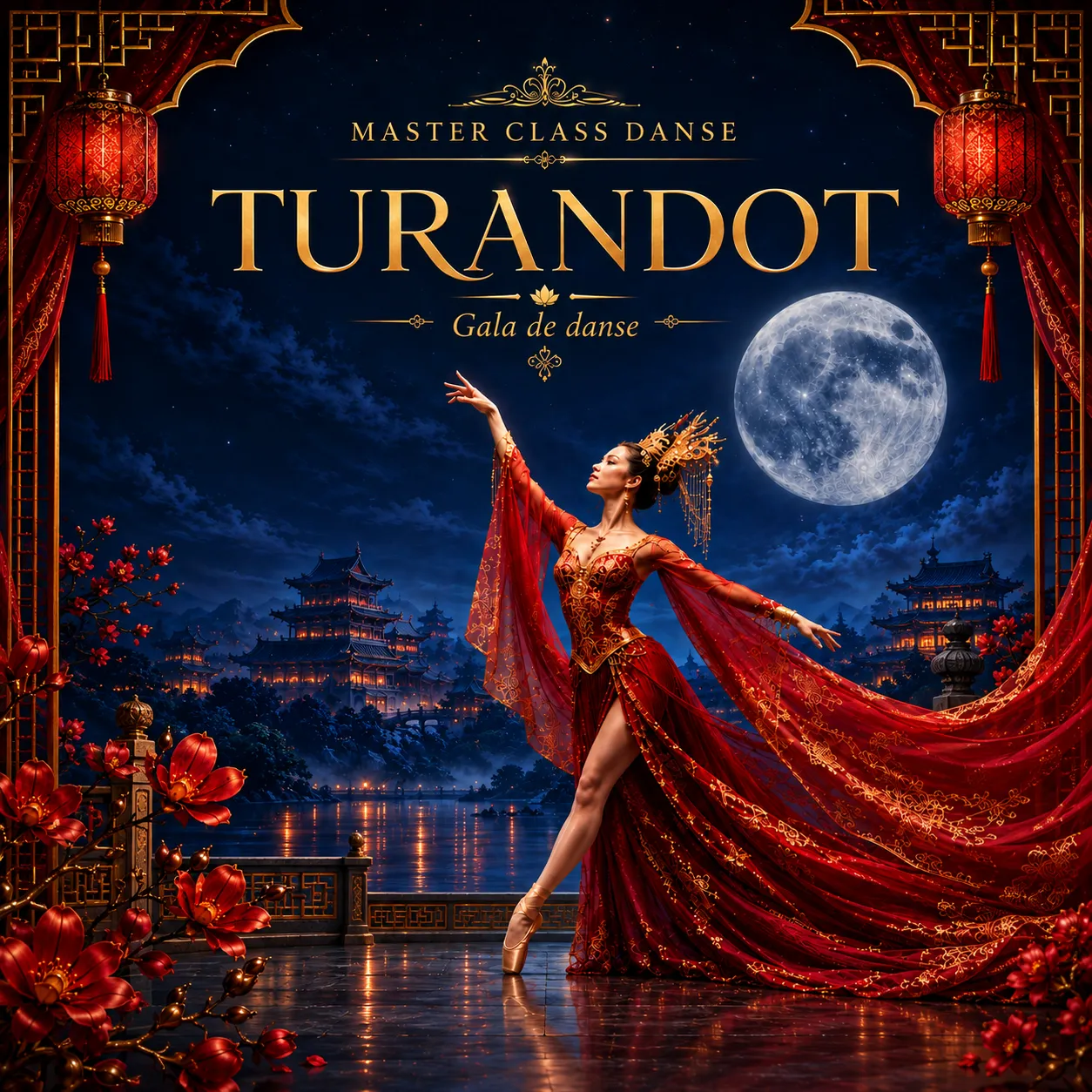 Affiche du gala de danse Turandot de Master Class Danse, avec une danseuse en costume rouge sous la lune.